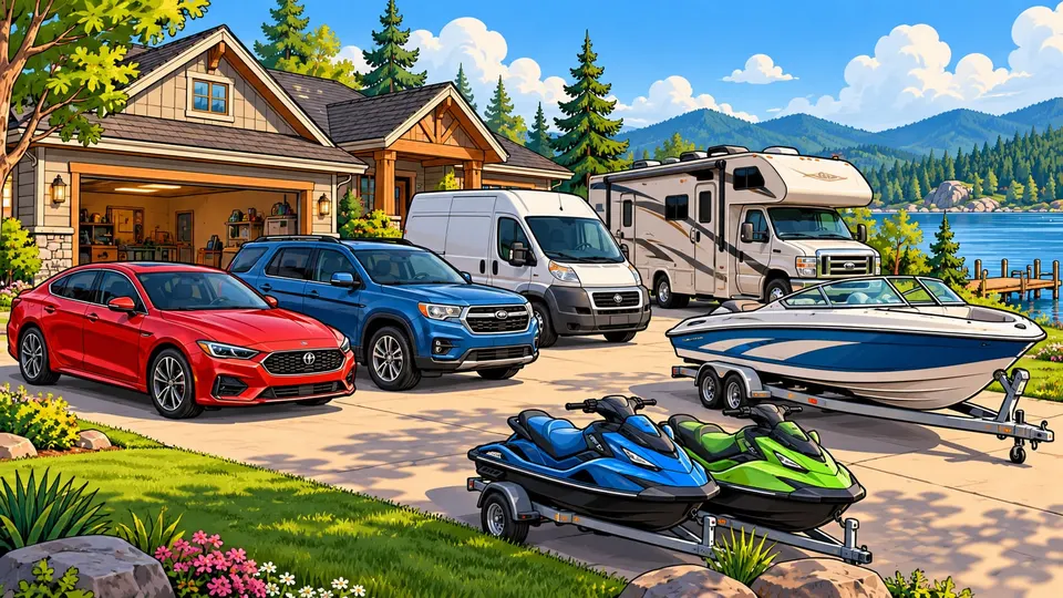 Illustration of a lakeside home with cars, a van, an RV, a boat and jet skis in the driveway